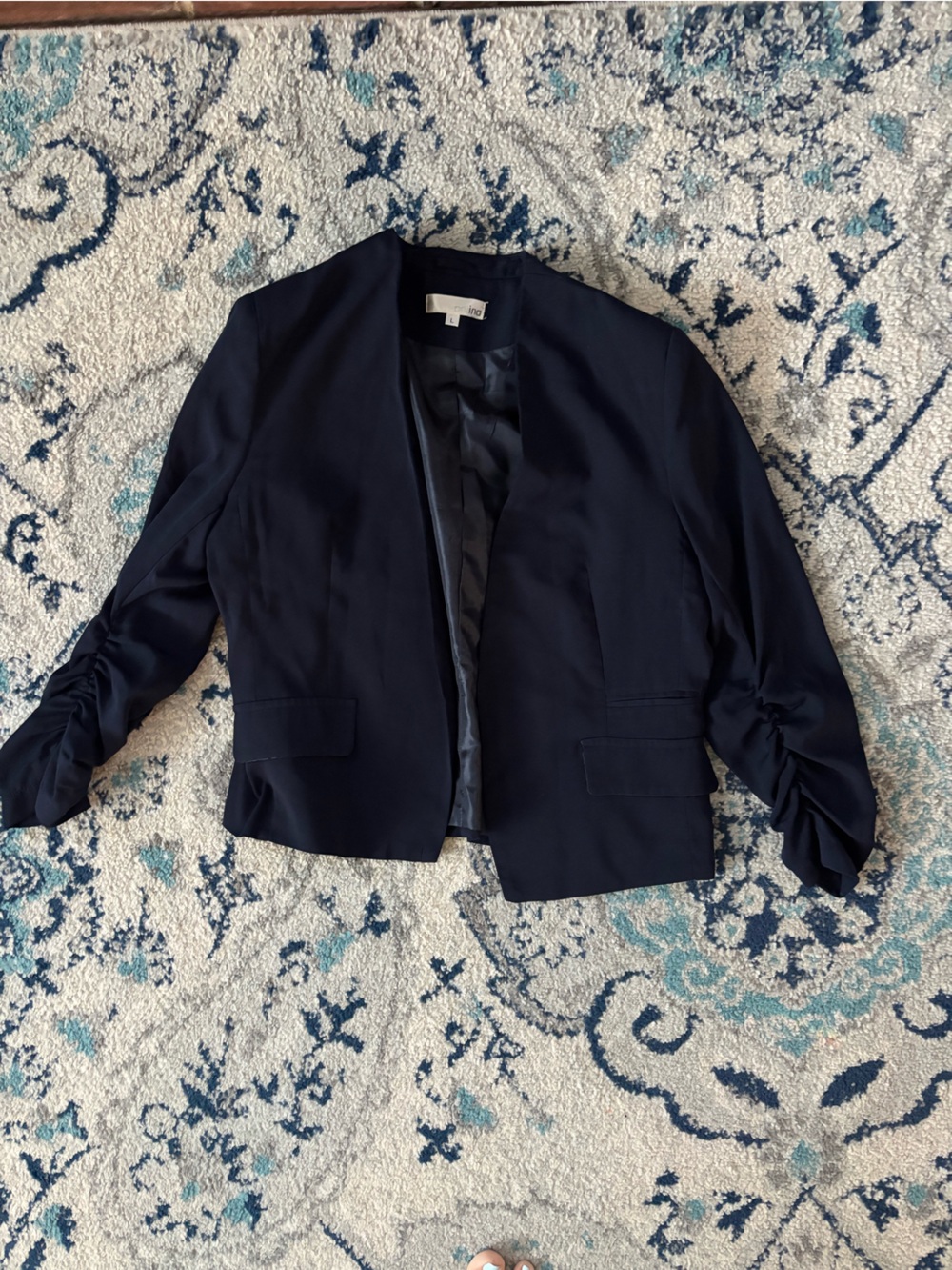 Aniina Navy Open-Front Cropped Blazer with Ruched Sleeves